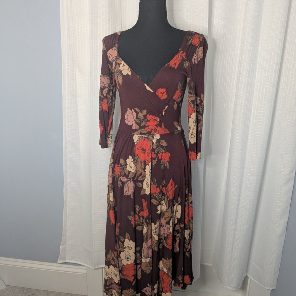Maeve by Anthropologie Faux Wrap Dress, Size XS, Burgundy with floral design
